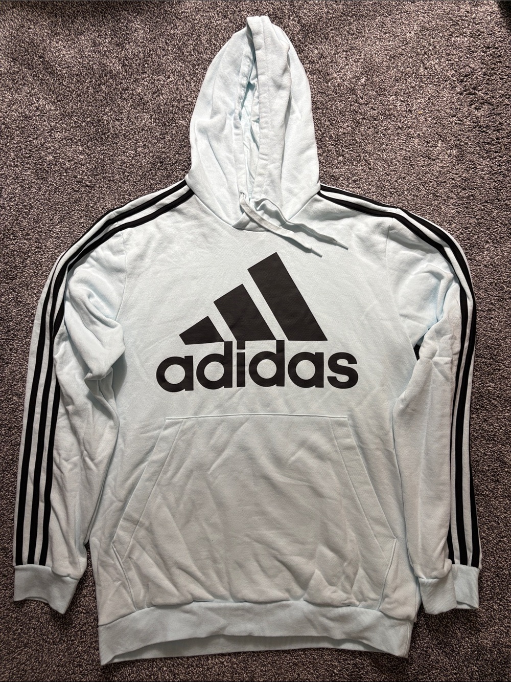 Adidas Light Blue Hoodie with Black Logo and Stripes
